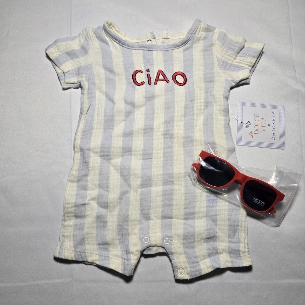 Chickpea La Dolce Vita Baby Boy Romper Set Ciao Stripe Sunglasses 6-9M NWT